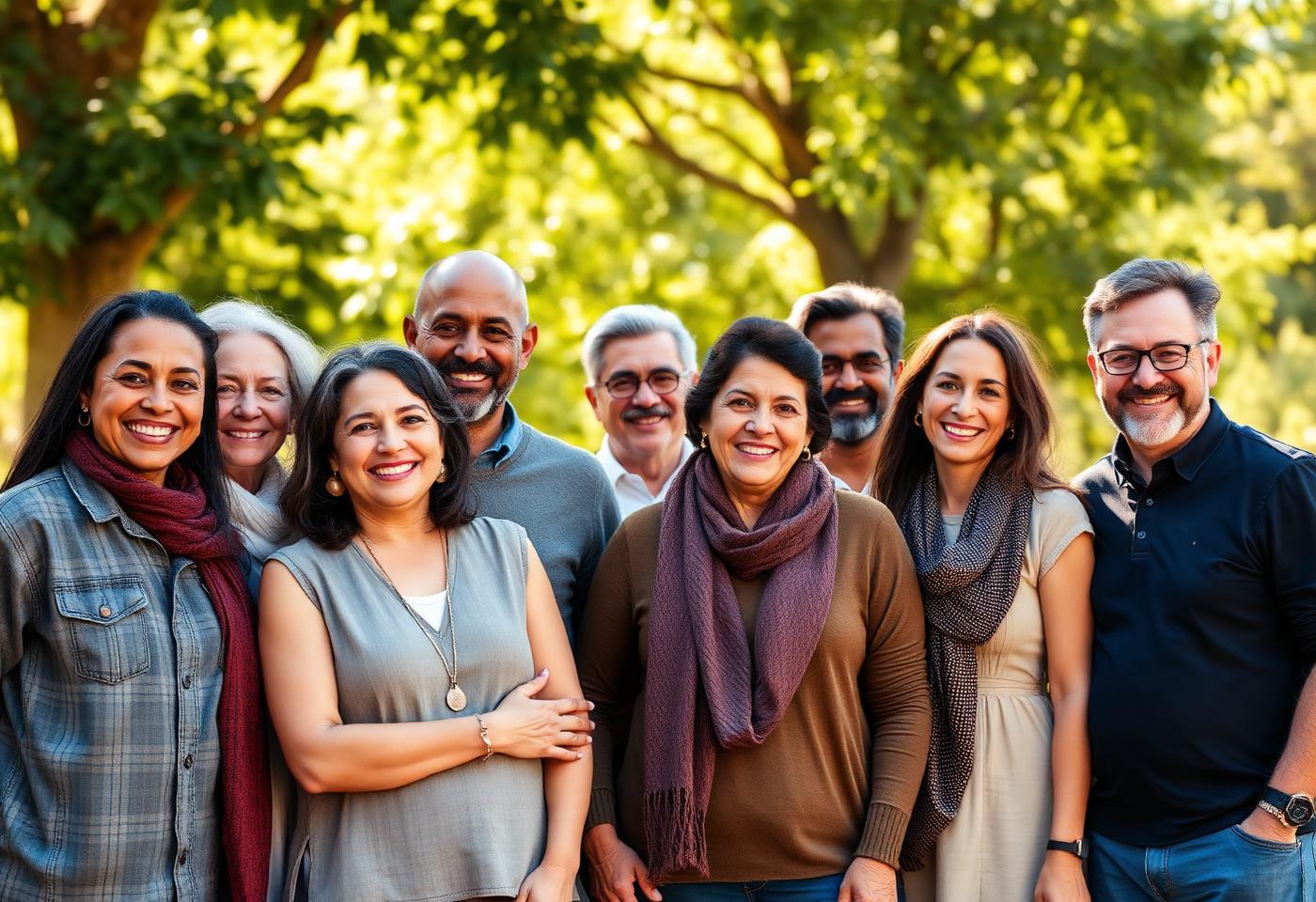 Diverse community of smiling people standing together outdoors